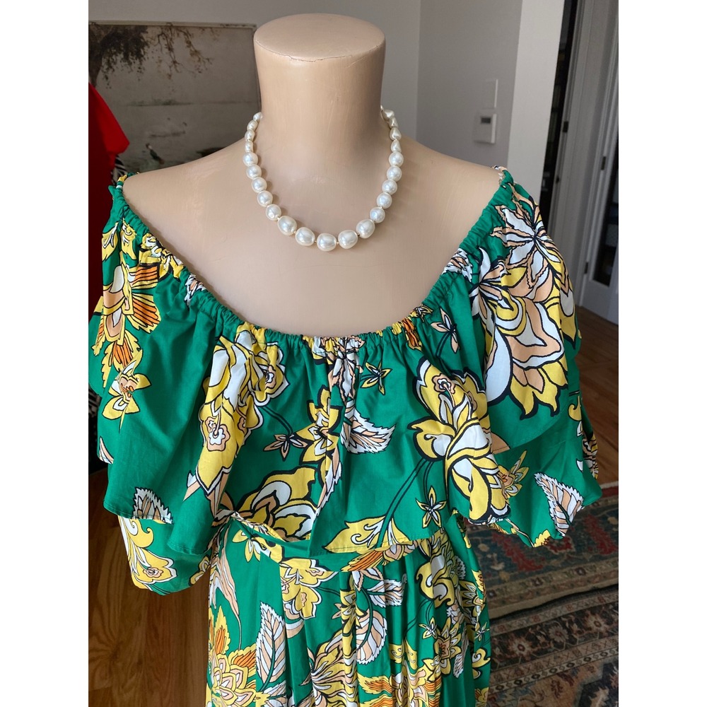 Gibson Latimer Green Floral Cotton Maxi Dress Off Shoulder Tiered Womens Small